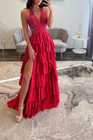 Load image into Gallery viewer, Sparkly Fuchsia Beaded A Line Tiered Long Prom Dress with Slit