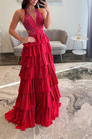 Load image into Gallery viewer, Sparkly Fuchsia Beaded A Line Tiered Long Prom Dress with Slit