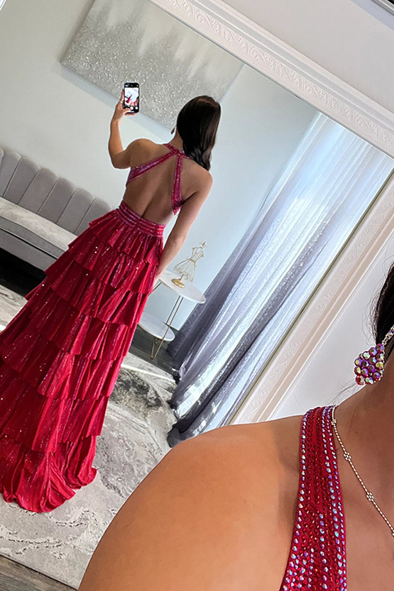 Load image into Gallery viewer, Sparkly Fuchsia Beaded A Line Tiered Long Prom Dress with Slit