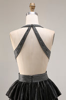 Load image into Gallery viewer, Sparkly Fuchsia A-Line Ruffled Halter Long Prom Dress with Beading