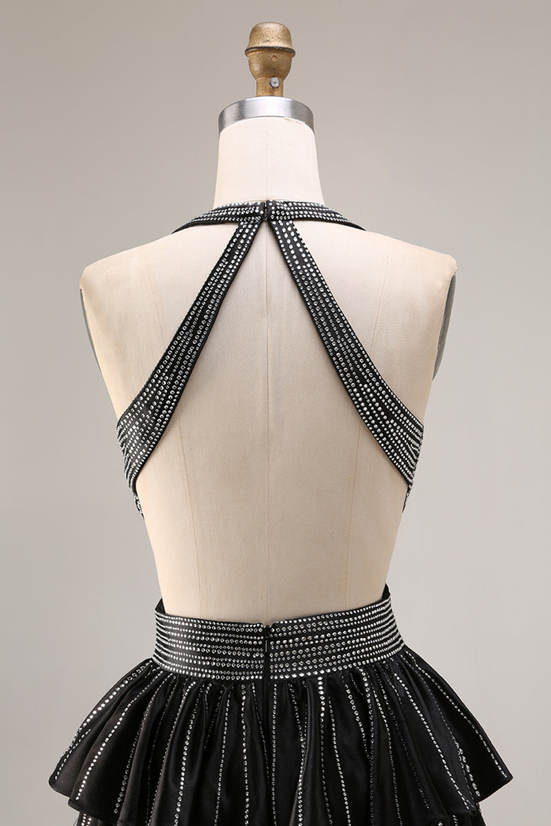 Load image into Gallery viewer, Sparkly Fuchsia A-Line Ruffled Halter Long Prom Dress with Beading