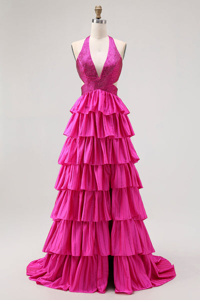 Sparkly Fuchsia A-Line Ruffled Halter Long Prom Dress with Beading