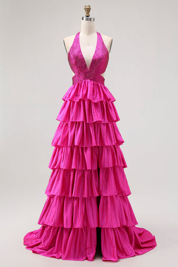 Sparkly Fuchsia A-Line Ruffled Halter Long Prom Dress with Beading