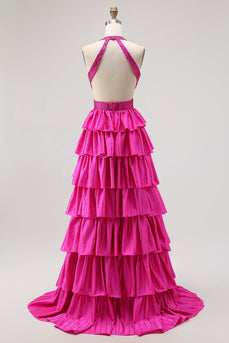 Sparkly Fuchsia A-Line Ruffled Halter Long Prom Dress with Beading