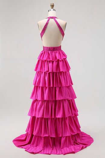 Sparkly Fuchsia A-Line Ruffled Halter Long Prom Dress with Beading