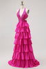 Load image into Gallery viewer, Sparkly Fuchsia A-Line Ruffled Halter Long Prom Dress with Beading