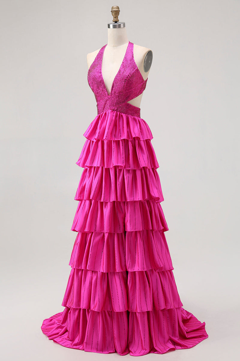 Load image into Gallery viewer, Sparkly Fuchsia A-Line Ruffled Halter Long Prom Dress with Beading