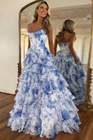 Load image into Gallery viewer, White Blue Flower Tiered Corset Strapless Long Chiffon Prom Dress