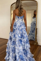 Load image into Gallery viewer, White Blue Flower Tiered Corset Strapless Long Chiffon Prom Dress