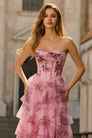 Load image into Gallery viewer, White Blue Flower Sweetheart Tiered Corset Maxi Chiffon Prom Dress