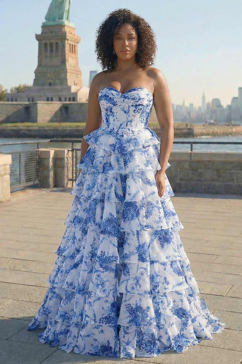 Queendancer Women White Blue Flower Corset Maxi Chiffon Prom Dress Strapless Sweetheart A Line Tiered Formal Dress – queendanceruk