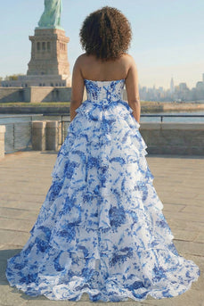 Plus Size White Blue Flower Sweetheart Chiffon Tiered Corset Maxi Prom Dress