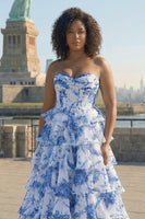 Load image into Gallery viewer, Plus Size White Blue Flower Sweetheart Chiffon Tiered Corset Maxi Prom Dress