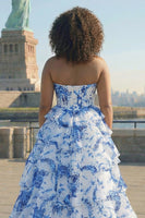 Load image into Gallery viewer, Plus Size White Blue Flower Sweetheart Chiffon Tiered Corset Maxi Prom Dress
