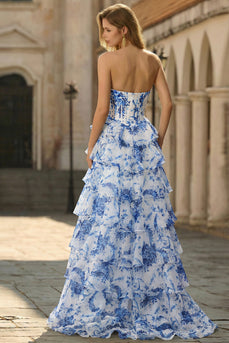 White Blue Flower Sweetheart Tiered Corset Maxi Chiffon Prom Dress