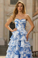 Load image into Gallery viewer, White Blue Flower Sweetheart Tiered Corset Maxi Chiffon Prom Dress