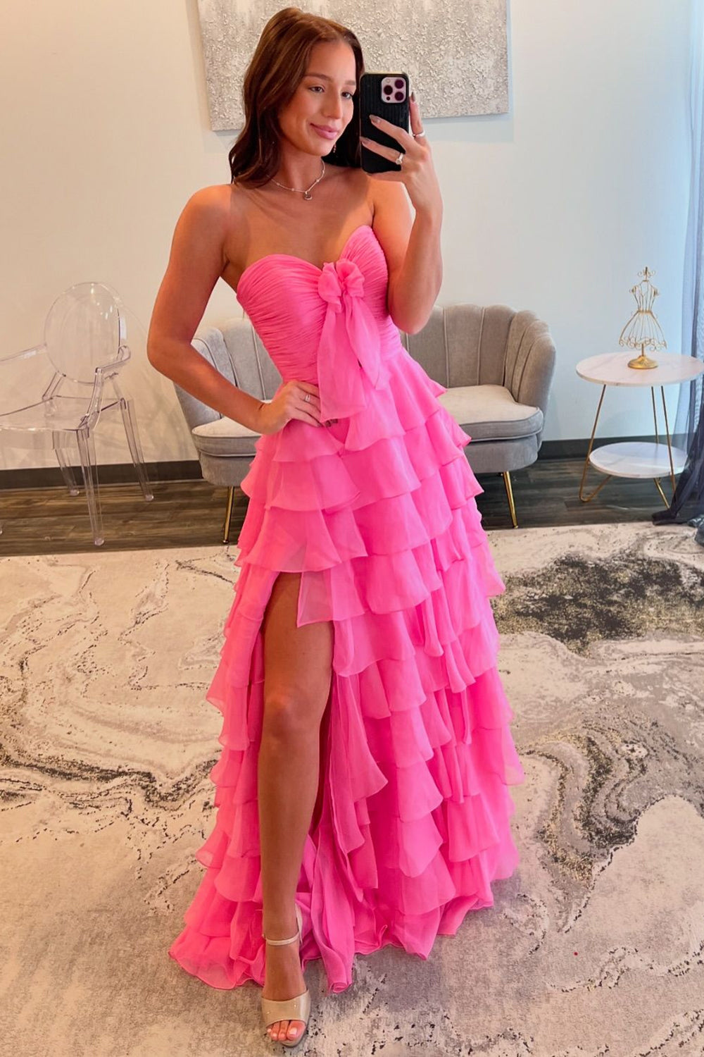 Women Fuchsia  A Line Tiered Prom Dress with Slit Chiffon Strapless Sweetheart Long Formal Dress