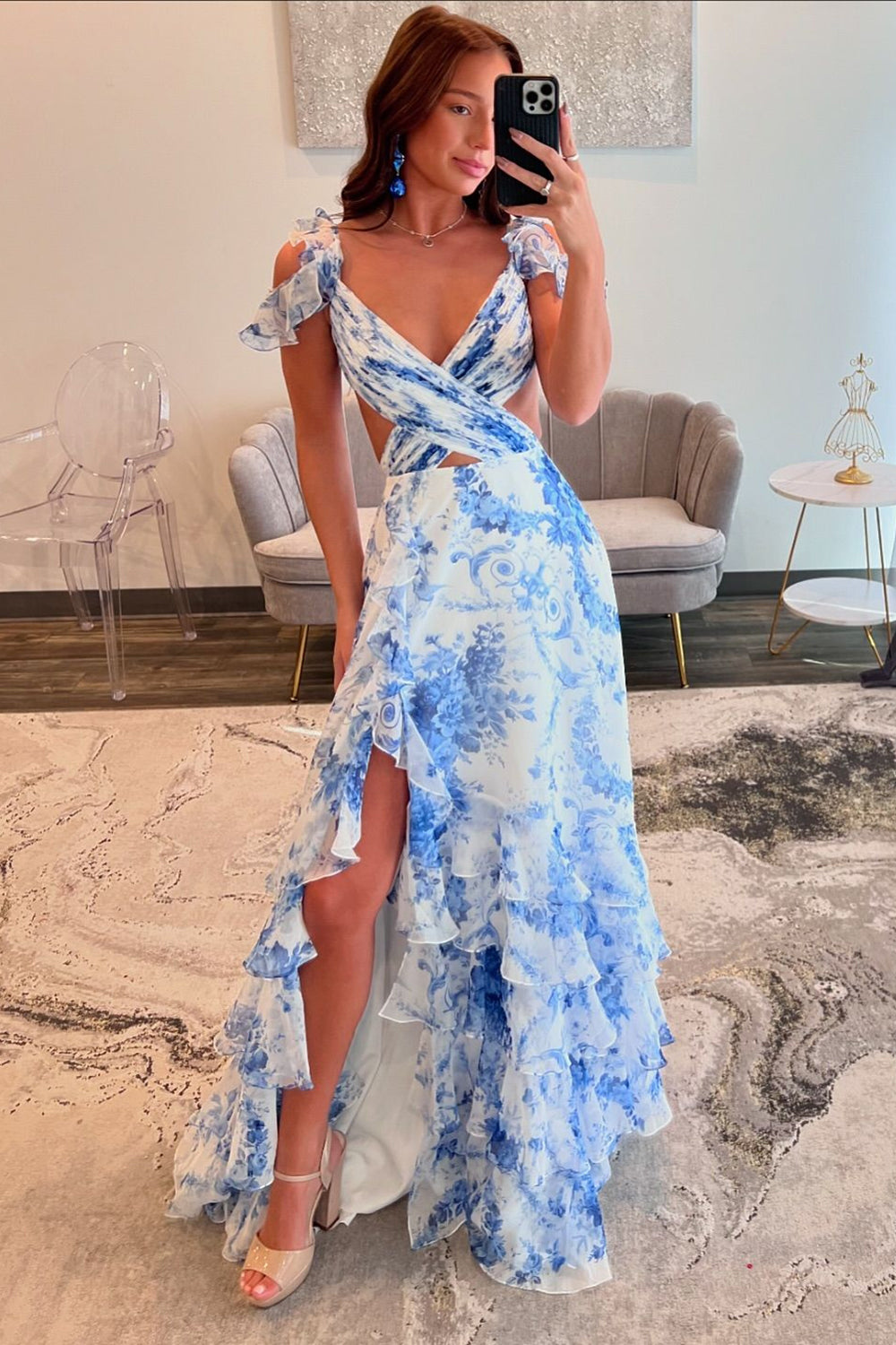 Women White Blue A Line V-Neck Flower Prom Dress with Slit Chiffon Tiered Long Formal Dress with Ruffles