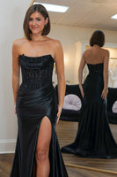 Load image into Gallery viewer, Sparkly Fuchsia Beaded Long Satin Prom Dress with Slit