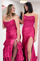 Load image into Gallery viewer, Sparkly Fuchsia Beaded Long Satin Prom Dress with Slit