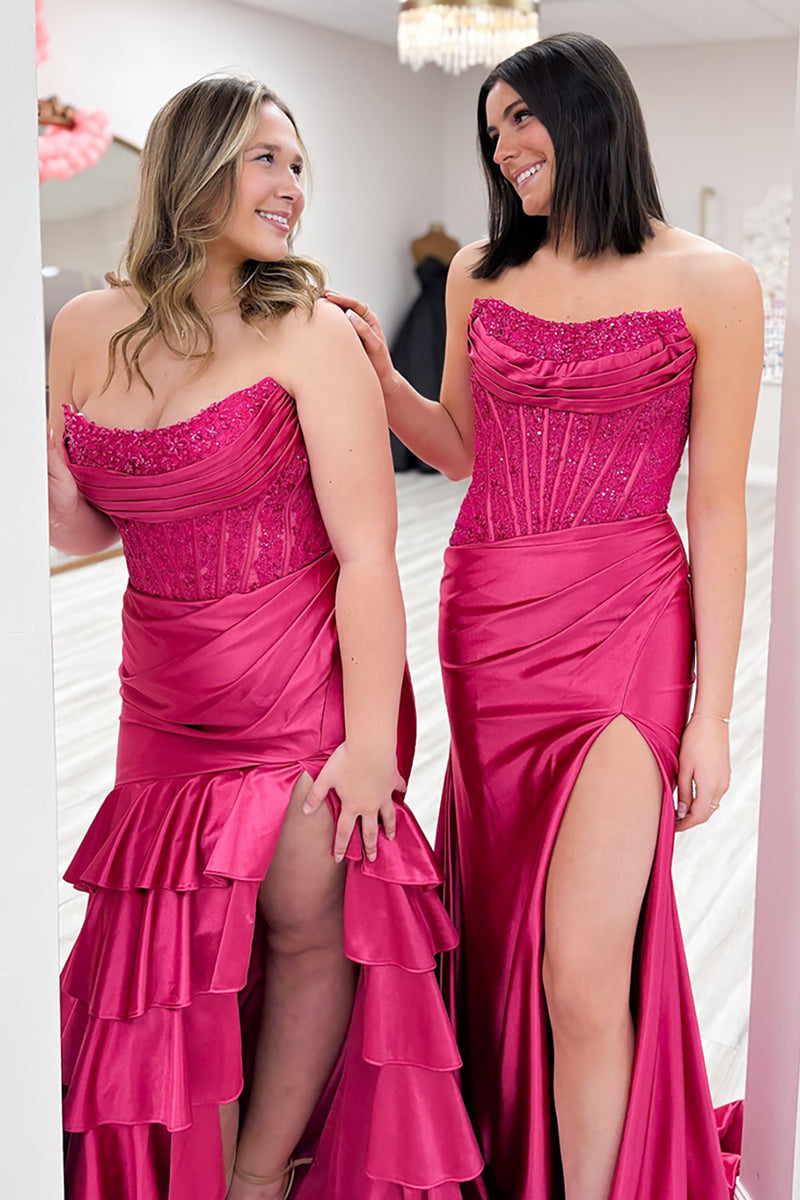 Load image into Gallery viewer, Sparkly Fuchsia Beaded Long Satin Prom Dress with Slit
