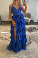 Load image into Gallery viewer, Sparkly Fuchsia Beaded V-Neck Tiered Long Satin Prom Dress with Slit