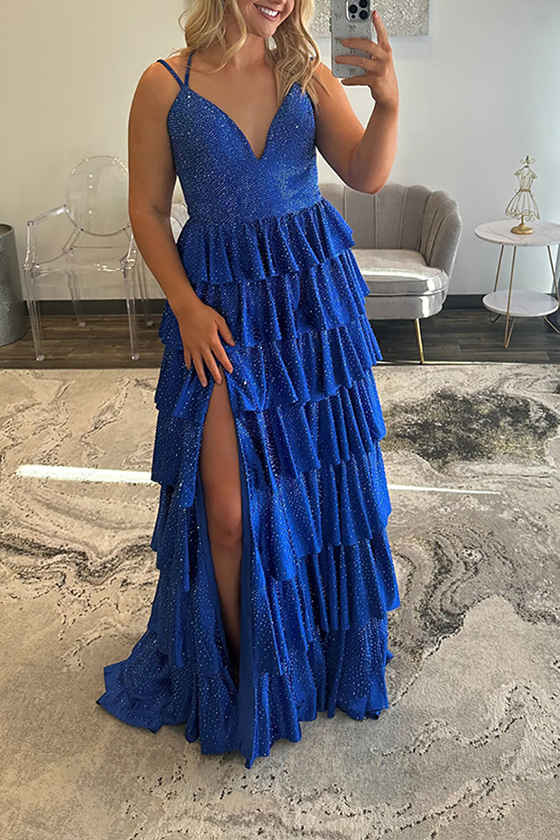 Load image into Gallery viewer, Sparkly Fuchsia Beaded V-Neck Tiered Long Satin Prom Dress with Slit