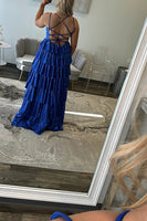 Load image into Gallery viewer, Sparkly Fuchsia Beaded V-Neck Tiered Long Satin Prom Dress with Slit