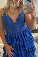 Load image into Gallery viewer, Sparkly Fuchsia Beaded V-Neck Tiered Long Satin Prom Dress with Slit