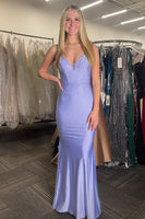 Load image into Gallery viewer, Sparkly Lilac Spaghetti Straps Long Satin Prom Dress with Beading