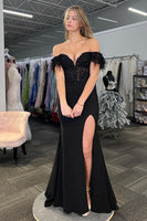 Load image into Gallery viewer, Off the Shoulder Black Feathers Long Corset Prom Dress with Slit