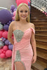 Load image into Gallery viewer, Sparkly Pink Asymmetrical Long Beaded Prom Dress with Side Cape