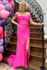 Load image into Gallery viewer, Fuchsia Satin Cold Shoulder Long Prom Dress with Slit