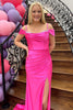 Load image into Gallery viewer, Fuchsia Satin Cold Shoulder Long Prom Dress with Slit
