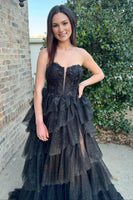 Load image into Gallery viewer, Black Strapless Corset Tiered Long Tulle Prom Dress with Slit