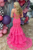 Load image into Gallery viewer, Fuchsia Lace Tiered Mermaid Long Corset Prom Dress with Slit
