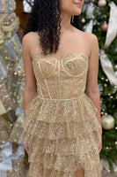 Load image into Gallery viewer, Sparkly Princess Gold Sequin Corset A Line Long Prom Dress with Ruffles