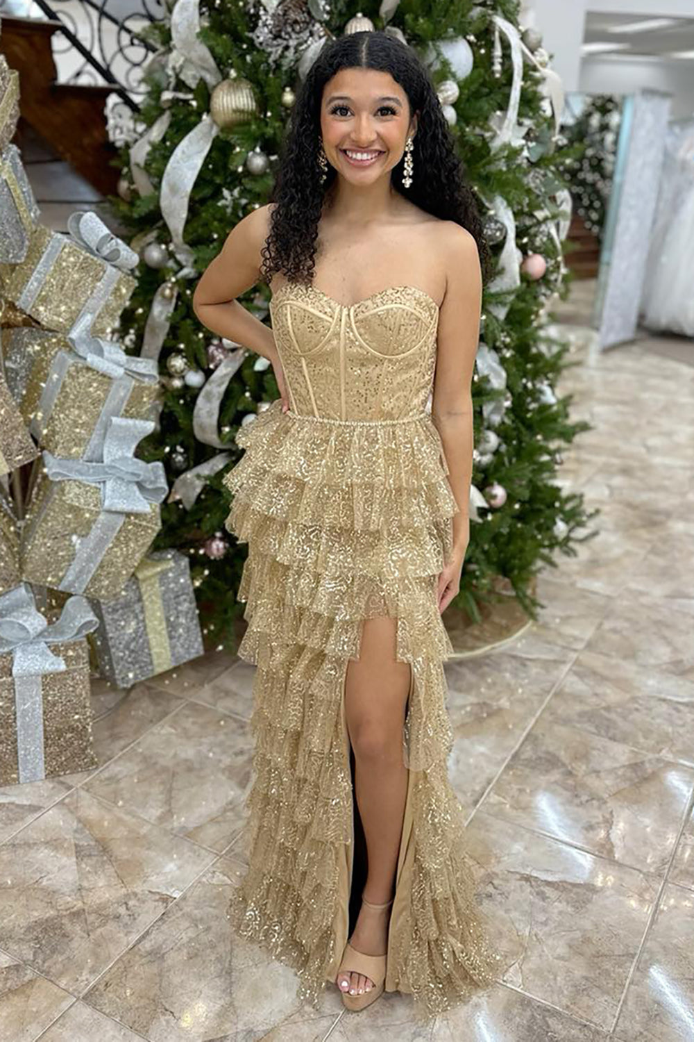 Sparkly Princess Gold Sequin Corset A Line Long Prom Dress with Ruffles