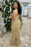 Load image into Gallery viewer, Sparkly Princess Gold Sequin Corset A Line Long Prom Dress with Ruffles