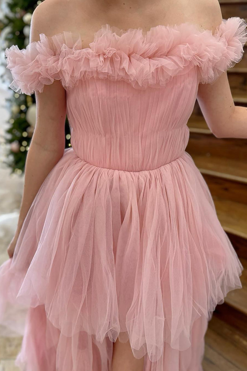 Load image into Gallery viewer, Princess Pink Tulle Ball Gown High Low Prom Dress with Ruffles