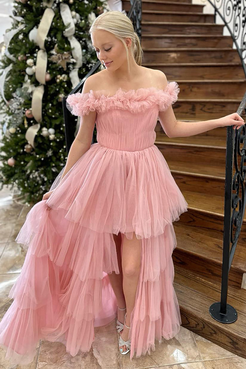 Load image into Gallery viewer, Princess Pink Tulle Ball Gown High Low Prom Dress with Ruffles