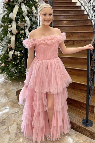 Princess Pink Tulle Ball Gown High Low Prom Dress with Ruffles