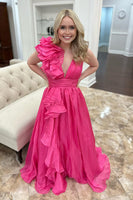 Load image into Gallery viewer, Princess Fuchsia Chiffon Pleated A Line Long Prom Dress with Flowers
