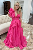 Load image into Gallery viewer, Princess Fuchsia Chiffon Pleated A Line Long Prom Dress with Flowers