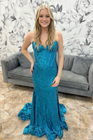 Load image into Gallery viewer, Sparkly Turquoise Sequin Corset Mermaid Long Prom Dress