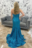 Load image into Gallery viewer, Sparkly Turquoise Sequin Corset Mermaid Long Prom Dress