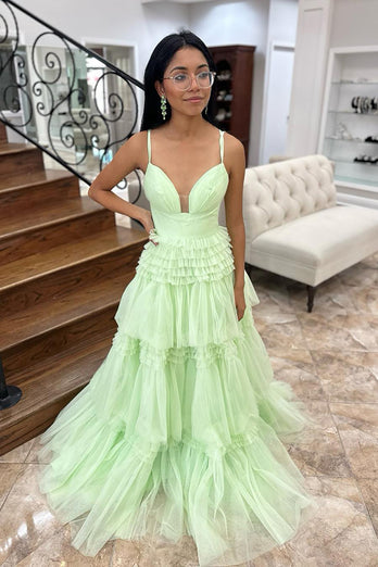 Princess Tulle Mint A Line Long Prom Dress with Ruffles