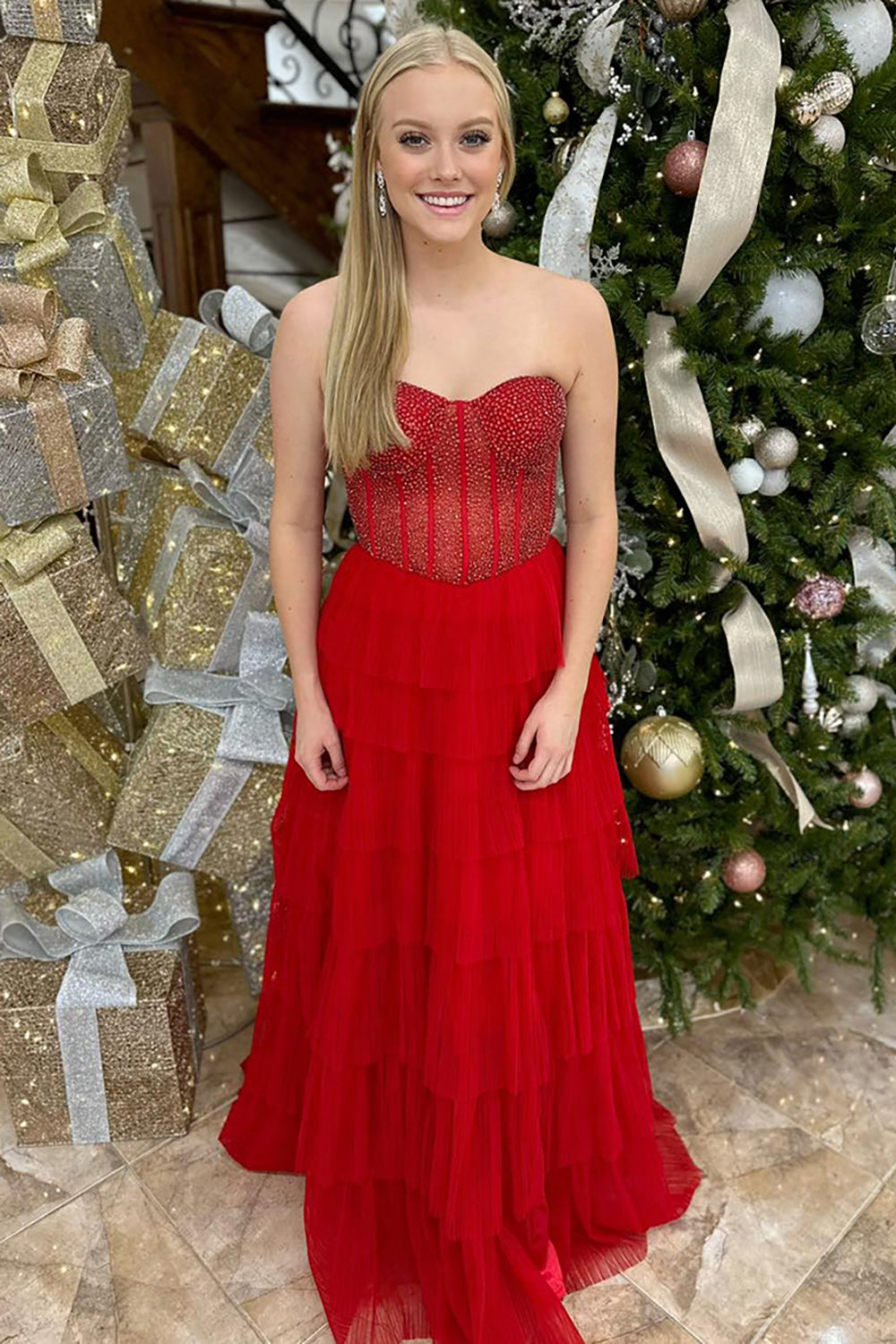 Sparkly Princess Red Chiffon Corset Beaded A Line Long Prom Dress with Ruffles