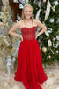 Load image into Gallery viewer, Sparkly Princess Red Chiffon Corset Beaded A Line Long Prom Dress with Ruffles