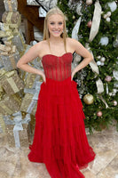 Load image into Gallery viewer, Sparkly Princess Red Chiffon Corset Beaded A Line Long Prom Dress with Ruffles